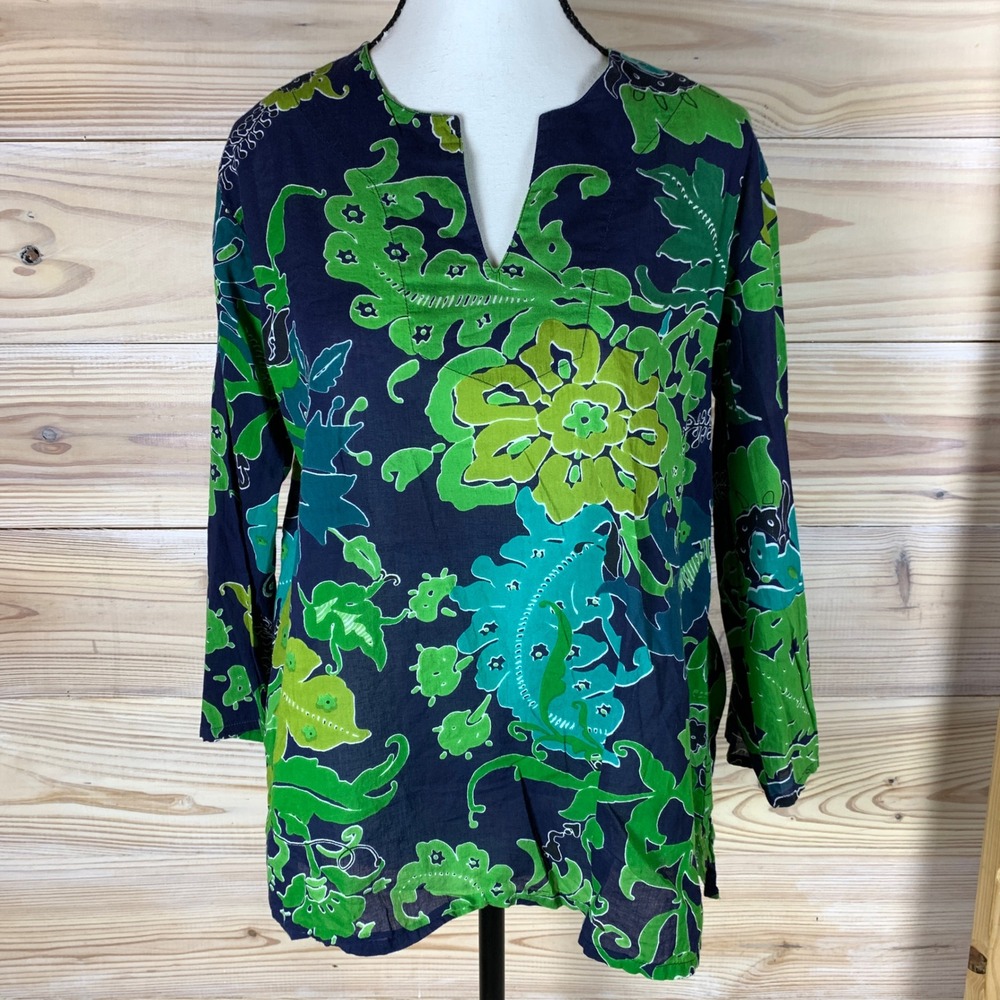 KikiSol Tunic Top Women Medium Green Blue Floral Cotton Split Neck Boho